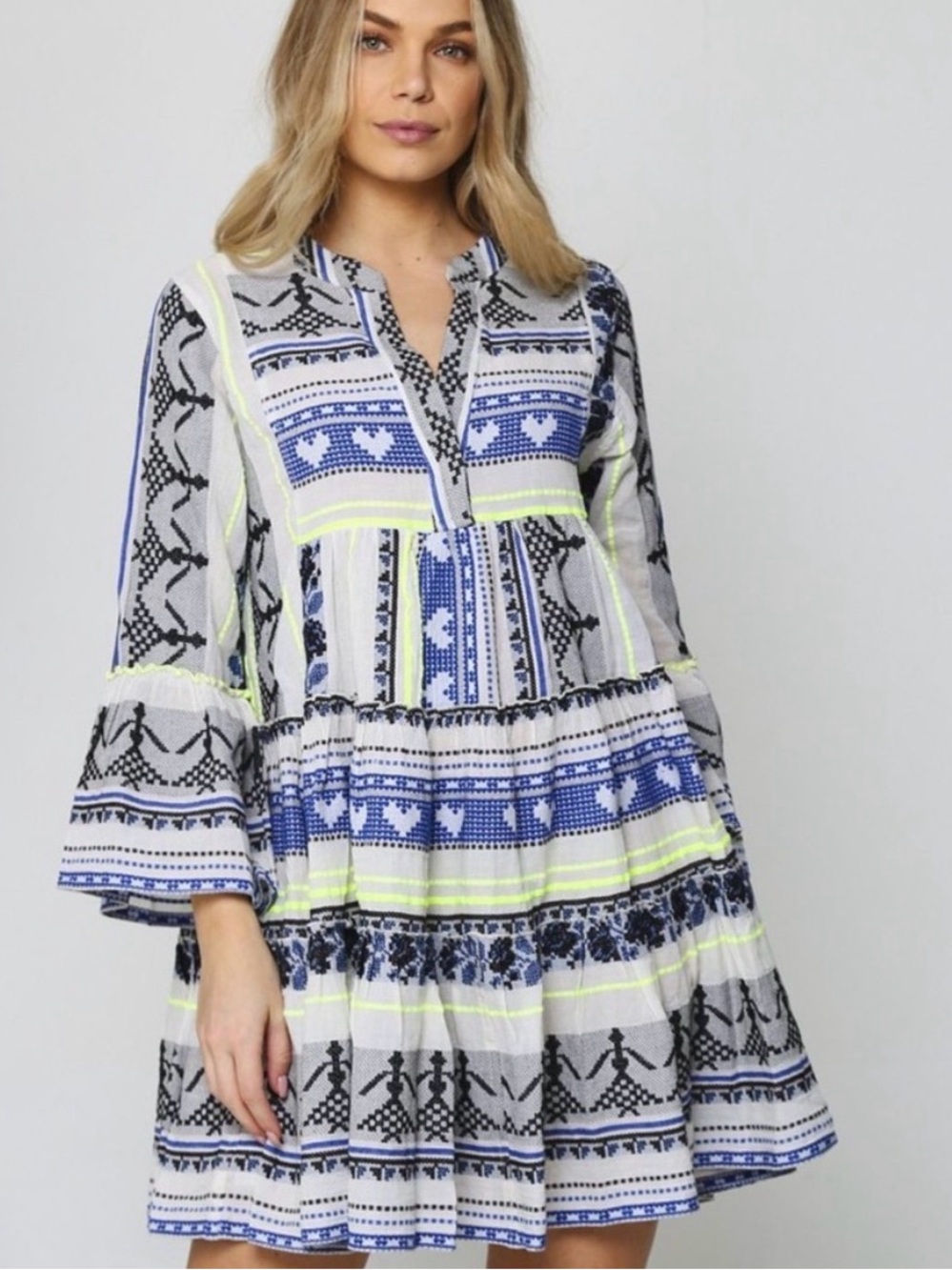 Devotion Boho Mini Dress with Neon Stitching
